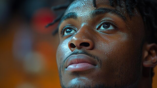 Close-up of an athlete intensely focused during a basketball game before taking a free throw shot. Generative AI - Powered by Adobe