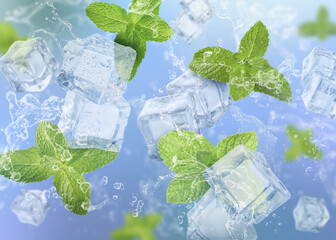 Mint leaves, ice cubes and splashing water on blue gradient background