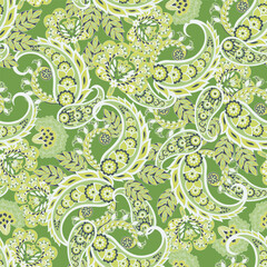Turkish Cucumber Paisley seamless vector pattern in traditional Oriental style. Decorated with flowers, leaves, and fantasy elements, for fabric, textile and wallpaper covers