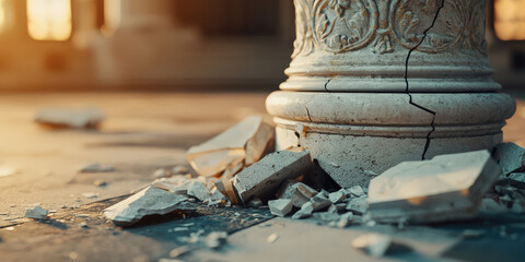 Cracked Broken justice stone pillar in vintage courthouse, creative concept crumbling legal system. 