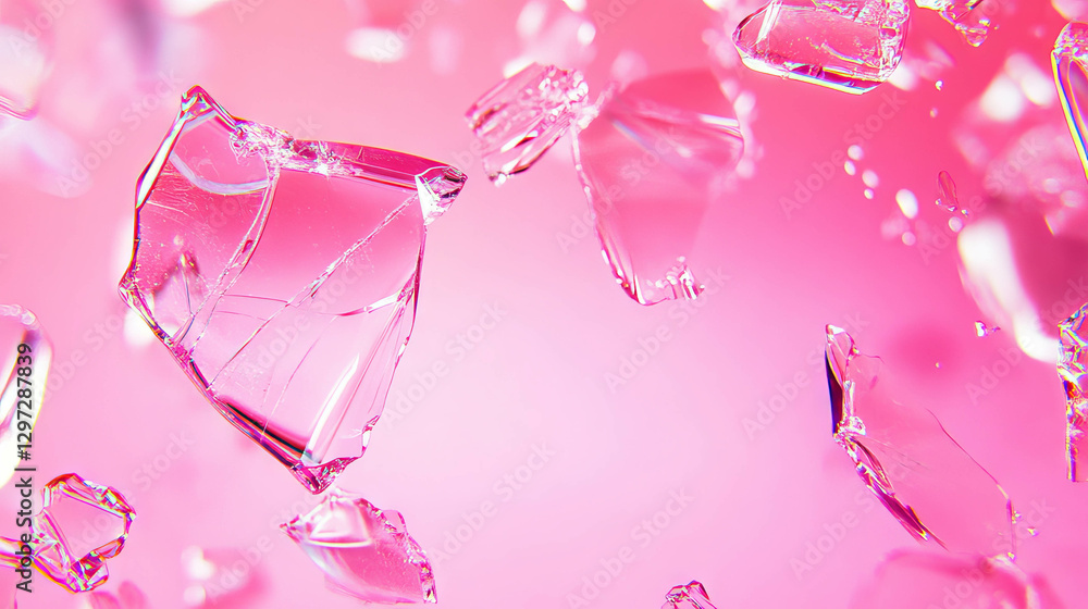 Poster abstract pink broken glass background with floating shards