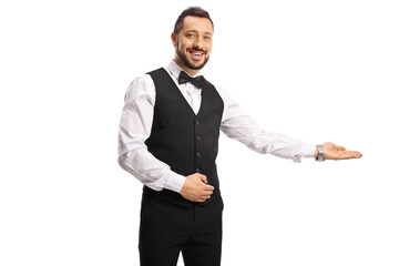 Waiter smiling and gesturing welcome