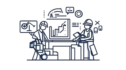 Line Art Illustration: Construction Workers Reviewing Project Progress AI Generated