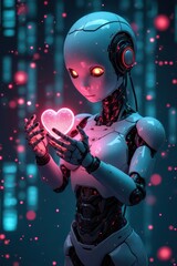Pequeño robot con corazón en la mano 