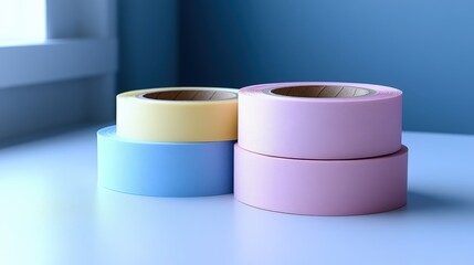 Set of three pastel masking tapes stacked on a smooth white surface
