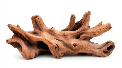 Fototapeta premium Artistic driftwood sculpture with smooth and irregular shapes isolated on white background. Generative AI