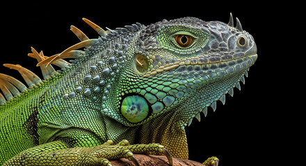 Fototapeta premium Close-up of a green iguana with detailed textured skin