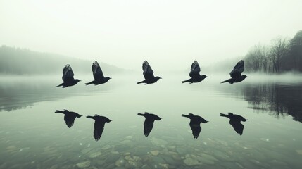 Birds flying over misty lake, serene landscape, nature photography, website banner