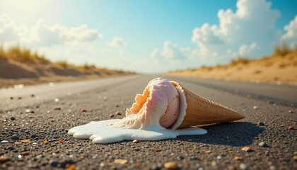 Obraz premium Melted ice cream cone on hot pavement with copy space for summer vacation design