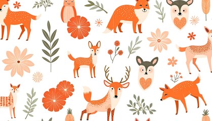 Fototapeta premium Whimsical animal illustrations featuring foxes and deer
