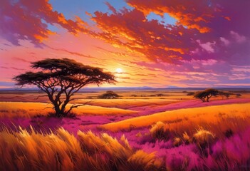 Fototapeta premium breathtaking savanna landscape bathed vibrant sunset hues expansive sky golden grasslands, nature, clouds, orange, beauty, horizon, trees, evening, scenery