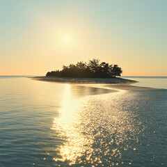 Sunset over tranquil island, calm ocean, golden light