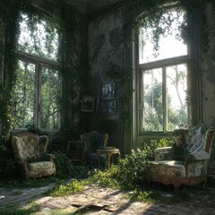 Overgrown vintage room filled with sunlight and green vines in an abandoned house