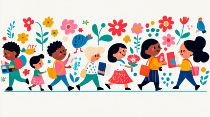 Fototapeta premium Back to School: Happy Kids Walking with Books and Flowers, Education, Childhood. Design for print, card, poster.