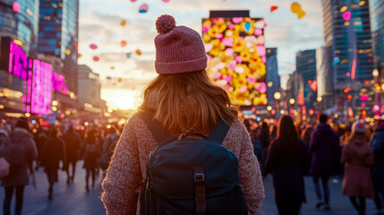 Obraz premium City Exploration: Girl With Hat Enjoying an Urban Adventure Amidst Crowds and Glowing Screens