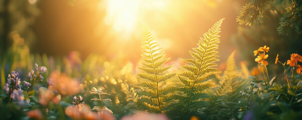 Fern leaves illuminated by golden sunlight growing in the forest. Wildlife and ecology concept.