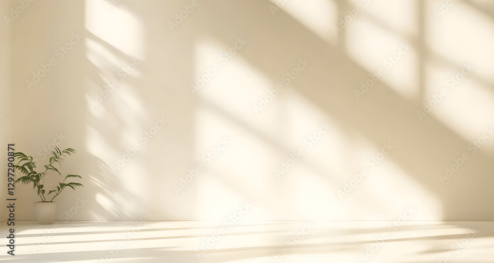 Poster Minimalistic abstract simple gentle light beige background for product presentation with light and beautiful shadow from window on wall.