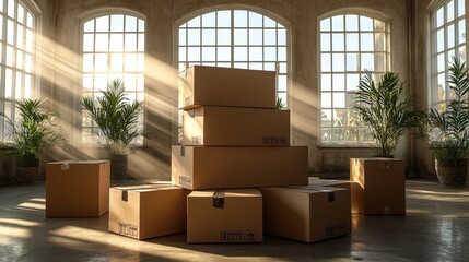 Neatly arranged cardboard moving boxes create a bright atmosphere in an empty room
