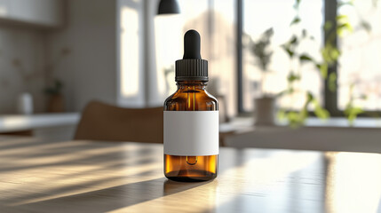 Amber glass dropper bottle with black lid and blank label prop on light background. Skincare products , natural cosmetic product photo. Beauty concept for face and body care
