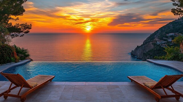 Oceanfront infinity pool sunset view;  luxury vacation