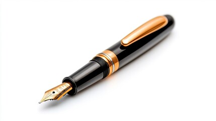 Close-up view of a classic fountain pen with gold accents and a polished nib isolated on white background. Generative AI