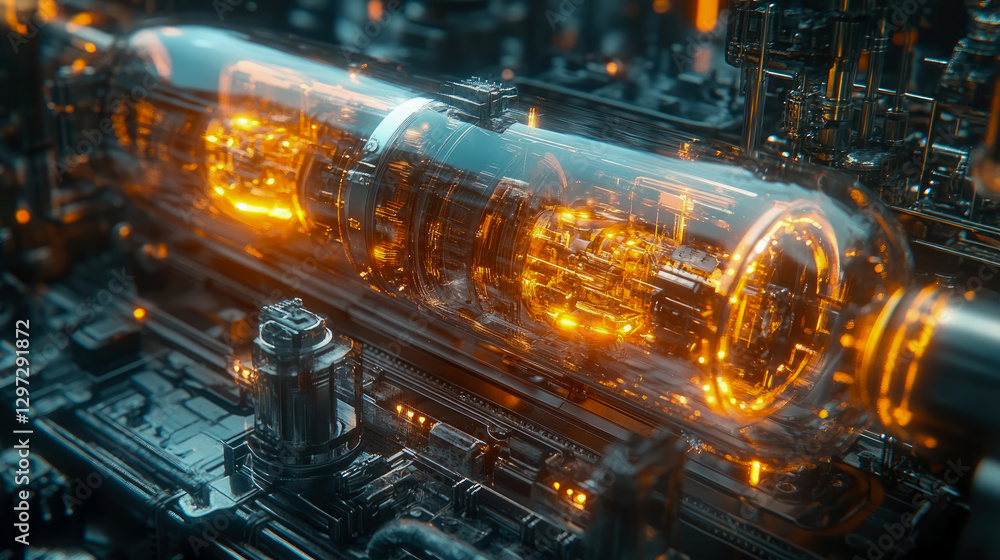 Aufkleber futuristic core: translucent tube with luminous energy flow within intricate machine architecture, c