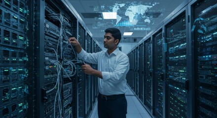 Global Network Infrastructure Engineer Configuring Server Racks in Modern Data Center with Digital World Map Projection, Futuristic Technology Environment for Cloud Computing and Big Data Analytics