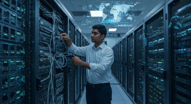 Global Network Infrastructure Engineer Configuring Server Racks in Modern Data Center with Digital World Map Projection, Futuristic Technology Environment for Cloud Computing and Big Data Analytics