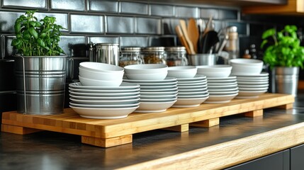 Organized kitchen countertop with stacked dishes and herbs on dark tile backsplash
