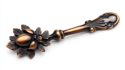 Bronze Key with Floral and Leaf Motifs Isolated on White. Generative AI