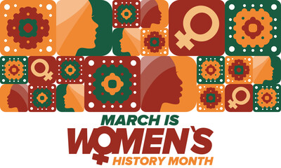 Women's History Month. Celebrated annual in March, to mark women’s contribution to history. Female symbol. Women's rights. Girl power in world. Poster, postcard, banner. Vector illustration