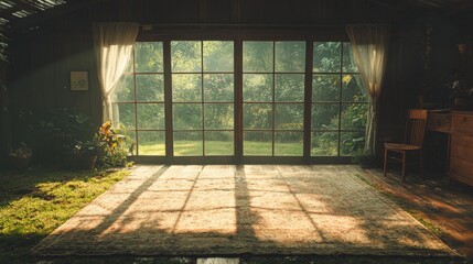 Sunlit room, garden view, wooden floor, calm