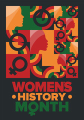 Women's History Month. Celebrated annual in March, to mark women’s contribution to history. Female symbol. Women's rights. Girl power in world. Poster, postcard, banner. Vector illustration