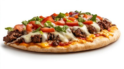 Flavorful taco pizza topped with seasoned beef cheese lettuce and tomato isolated on white background. Generative AI