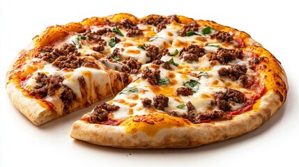 Classic taco pizza with seasoned beef cheese and fresh toppings on pizza crust isolated on white background. Generative AI