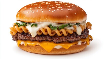 Lasagna Burger with Lasagna Noodles as Buns Isolated on White Background. Generative AI