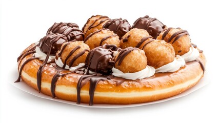 Fried Donut Pizza with Chocolate Drizzle and Creamy Filling Isolated on White Background. Generative AI