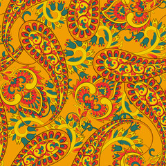 Digital vector textile print. Seamless Design suitable for covers, fabrics, textiles, wrapping paper, featuring an antique Thai pattern Paisley Indian motifs and decorative floral elements