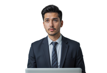 Surprised Businessman Laptop Problem isolated on transparent background