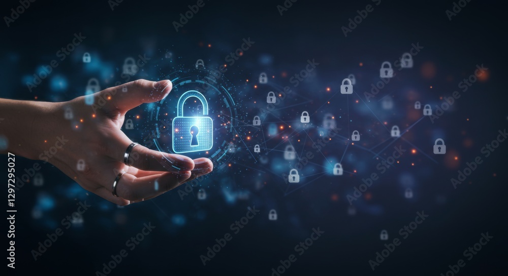 Poster futuristic cybersecurity concept with human hand holding glowing digital padlock, network security v
