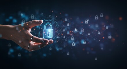 Futuristic Cybersecurity Concept with Human Hand Holding Glowing Digital Padlock, Network Security Visualization with Multiple Lock Icons in Dark Blue Technology Background with Orange Particles