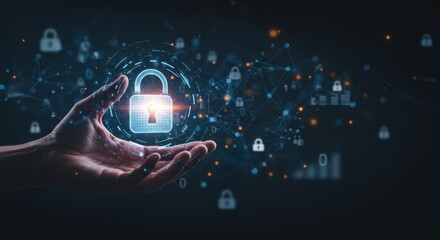 Futuristic Cybersecurity Concept with Glowing Digital Padlock Hologram Floating Above Human Hands, Network Security Visualization with Binary Data and Lock Icons on Dark Background