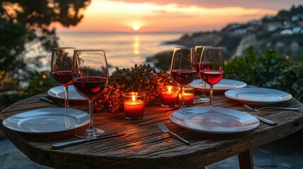 Romantic outdoor dining table set against a stunning coastal sunset view