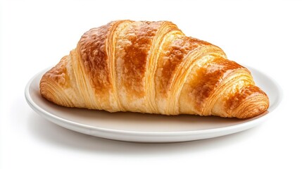 Fresh Warm Croissant on a Plate with Crispy Layers Isolated on White. Generative AI