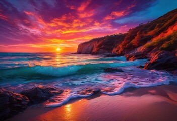 secluded beach landscape sunset featuring vibrant tides dramatic sky reflections water, waves, clouds, shoreline, ocean, tropical, coastal, nature, scenery