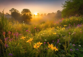 Fototapeta premium golden rays warm light illuminating dew kissed flora foliage lush garden landscape, nature, warmth, illumination, sunlight, glow, plant, leaf, petal