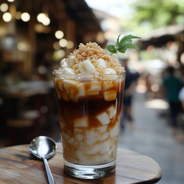 Traditional Filipino taho with arnibal syrup and sago pearls