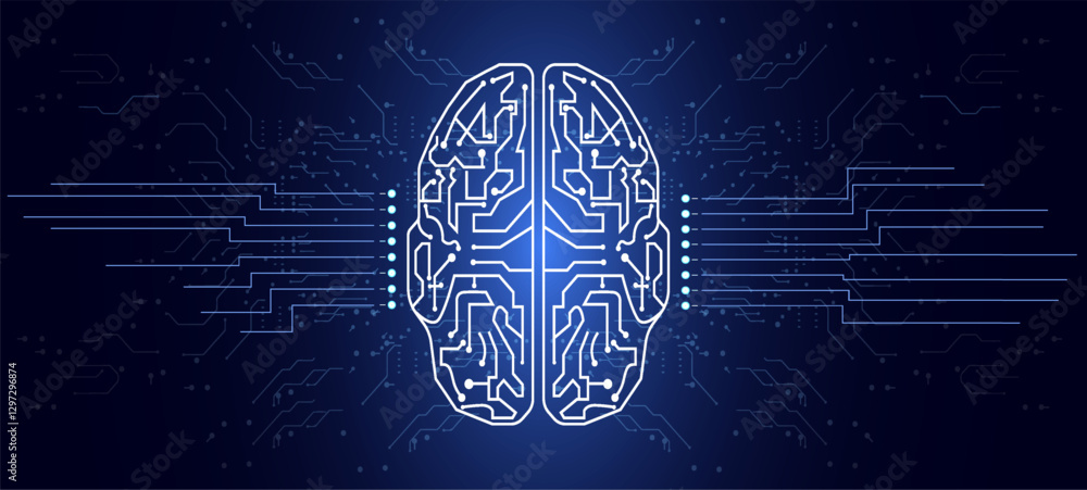 Poster detailed representation of a brain integrated with technology in a digital setting.