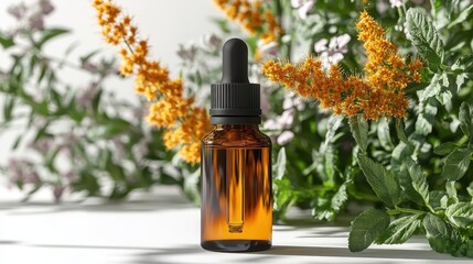 Luxurious goldenrod essential oil bottle amidst blooming flowers on white background