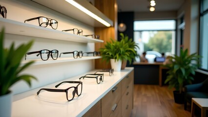 Modern optics store interior, glasses on shelf, showcase